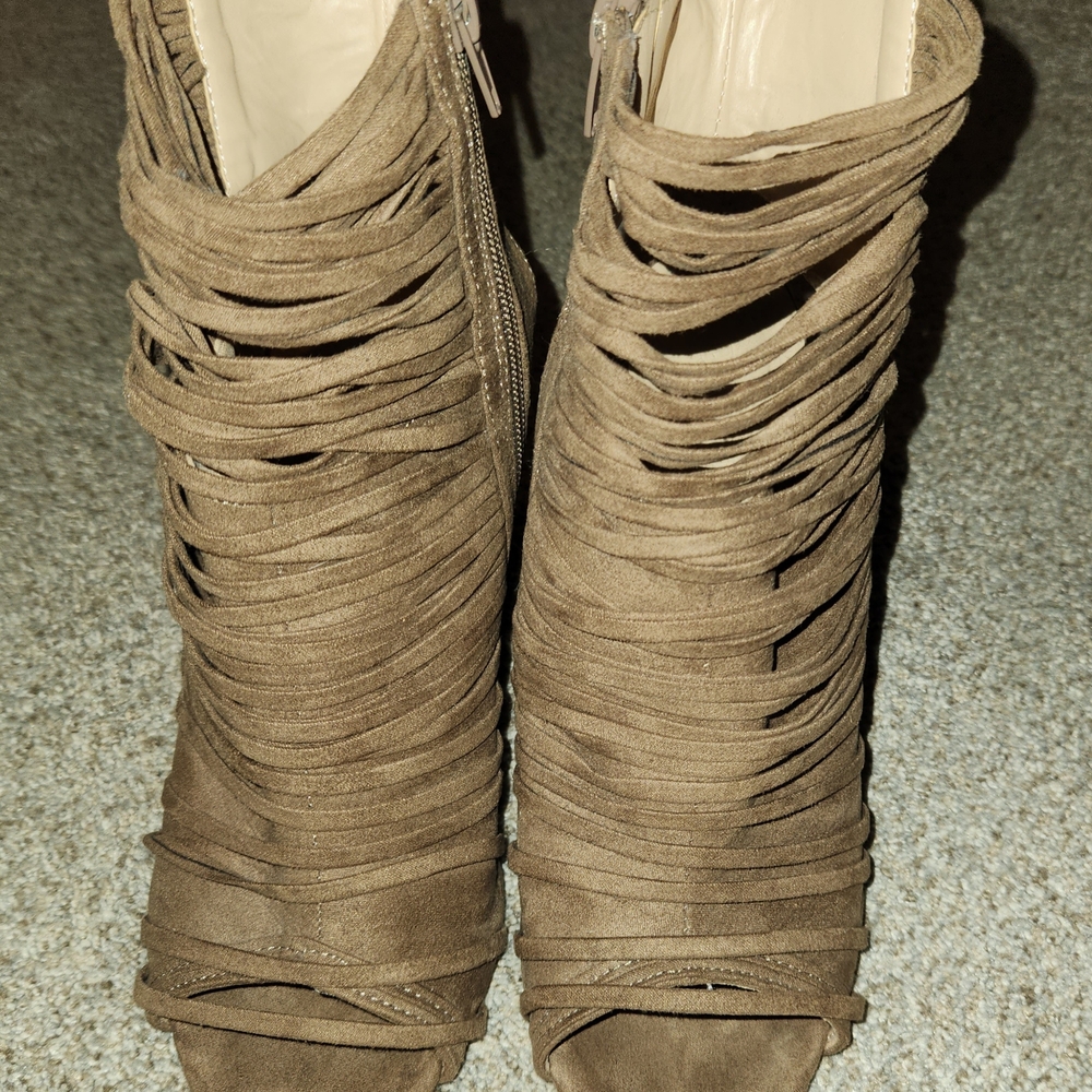 Woven Suede Peep-Toe Ankle Boots - Brown